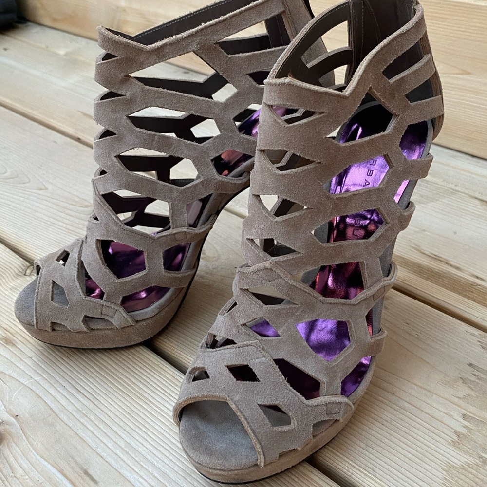 Barbara Bui Taupe Suede Laser Cut Cage Sandals